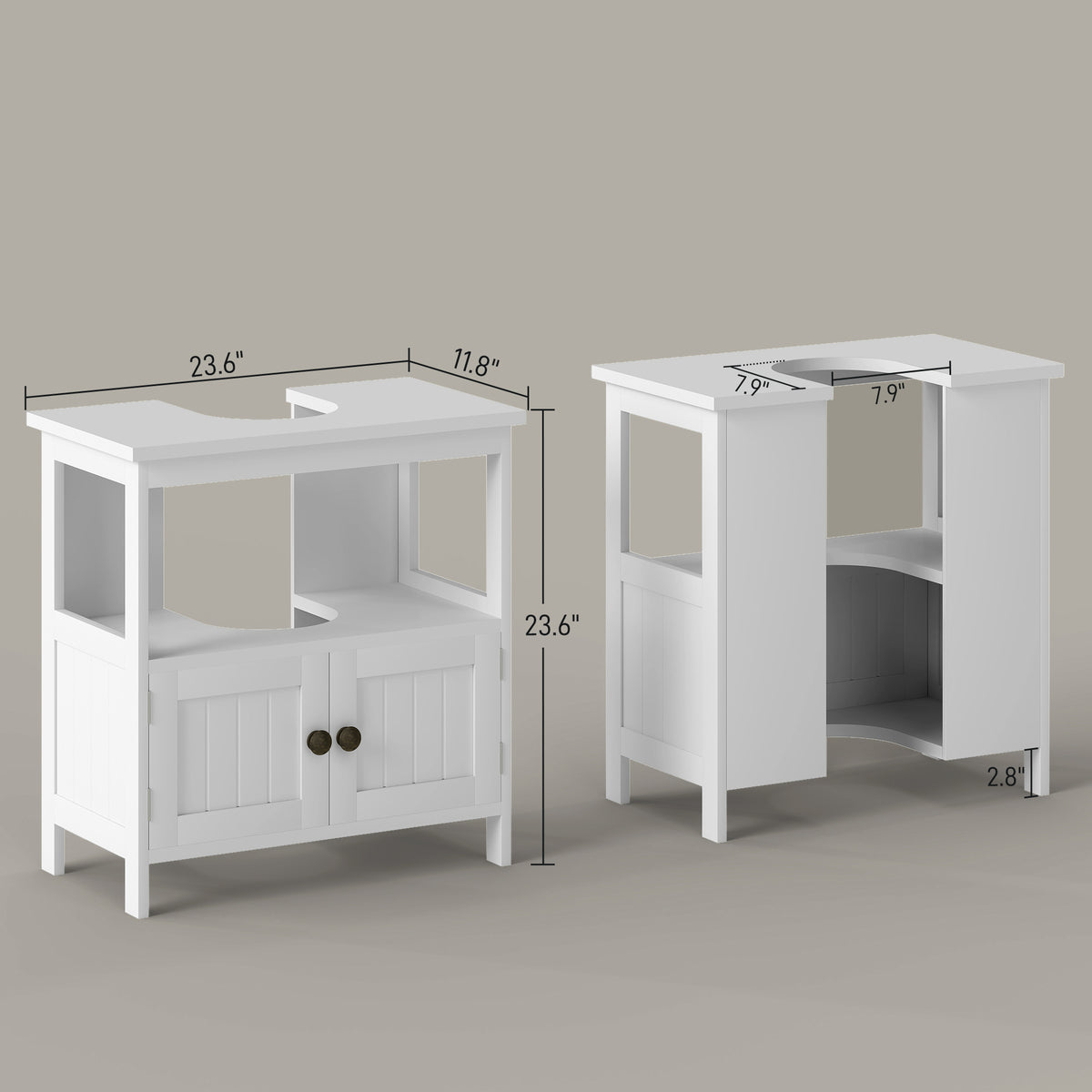 Kleankin cabinet dimension diagram showing the overall footprint, U-shaped opening and raised floor clearance