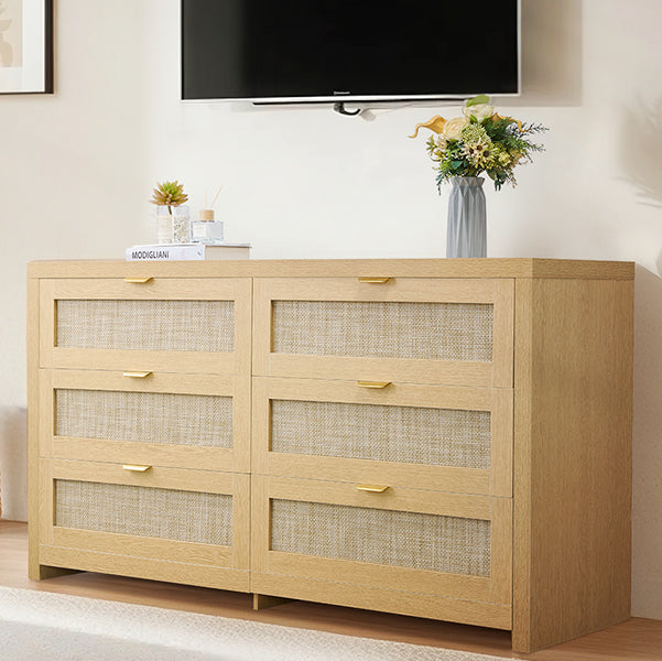 Light wood rattan drawer chest in a living room setting with text 'Keep Your Home Neat & Elegant'.