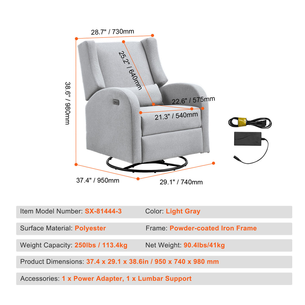 Light Gray SX-81444-3 chair specification graphic with overall and seat measurements, a power adapter and lumbar cushion.