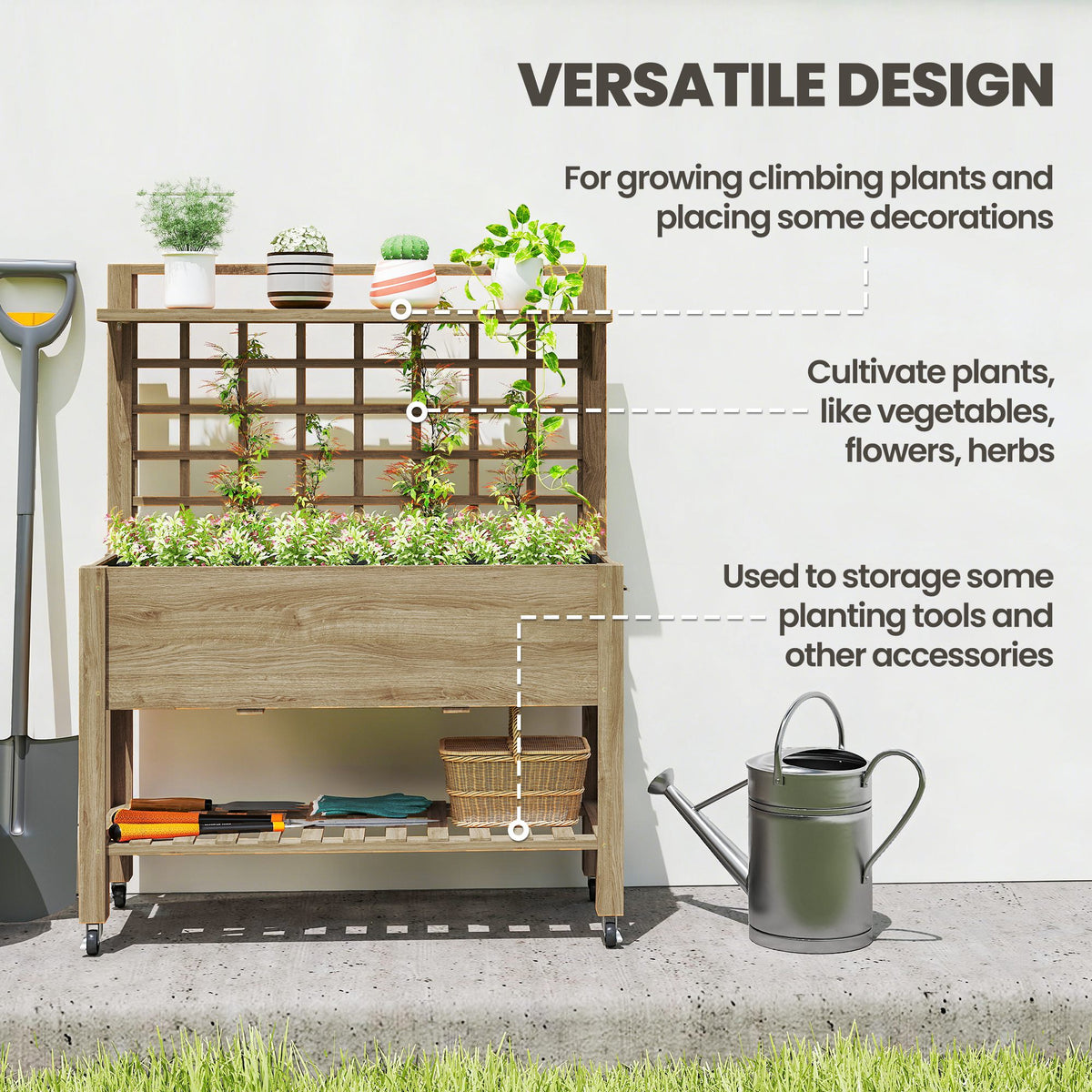 Briarwheel raised planter with trellis and separate upper and lower shelving