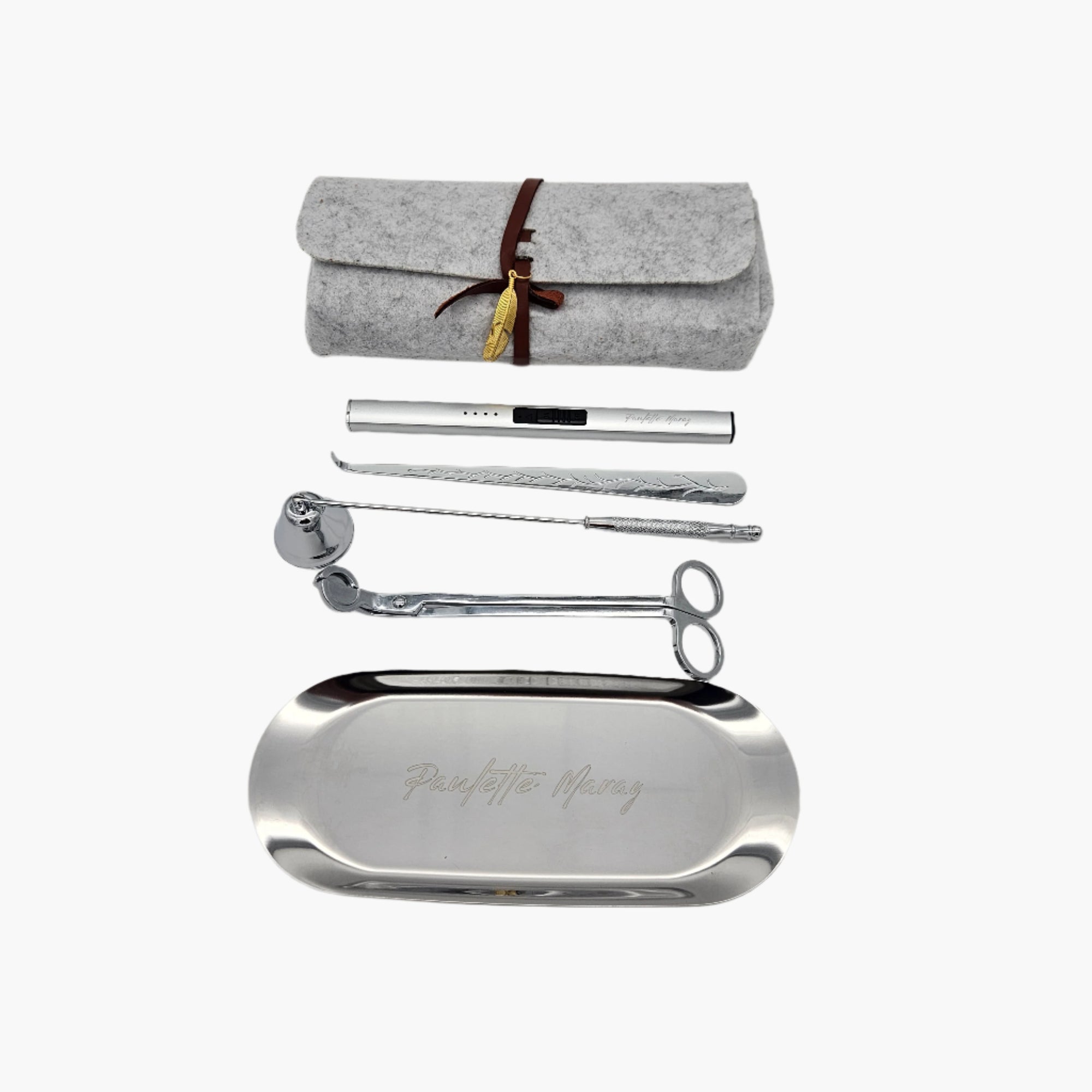 Silver Rechargeable electric lighter set for candles with a snuffer, wick trimmer, and plate holder, sleek design for safe and easy candle care