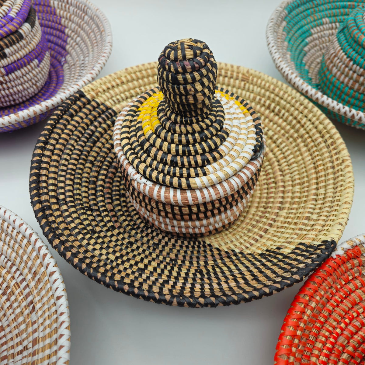 Black Senegalese handwoven basket set with coordinating lidded basket