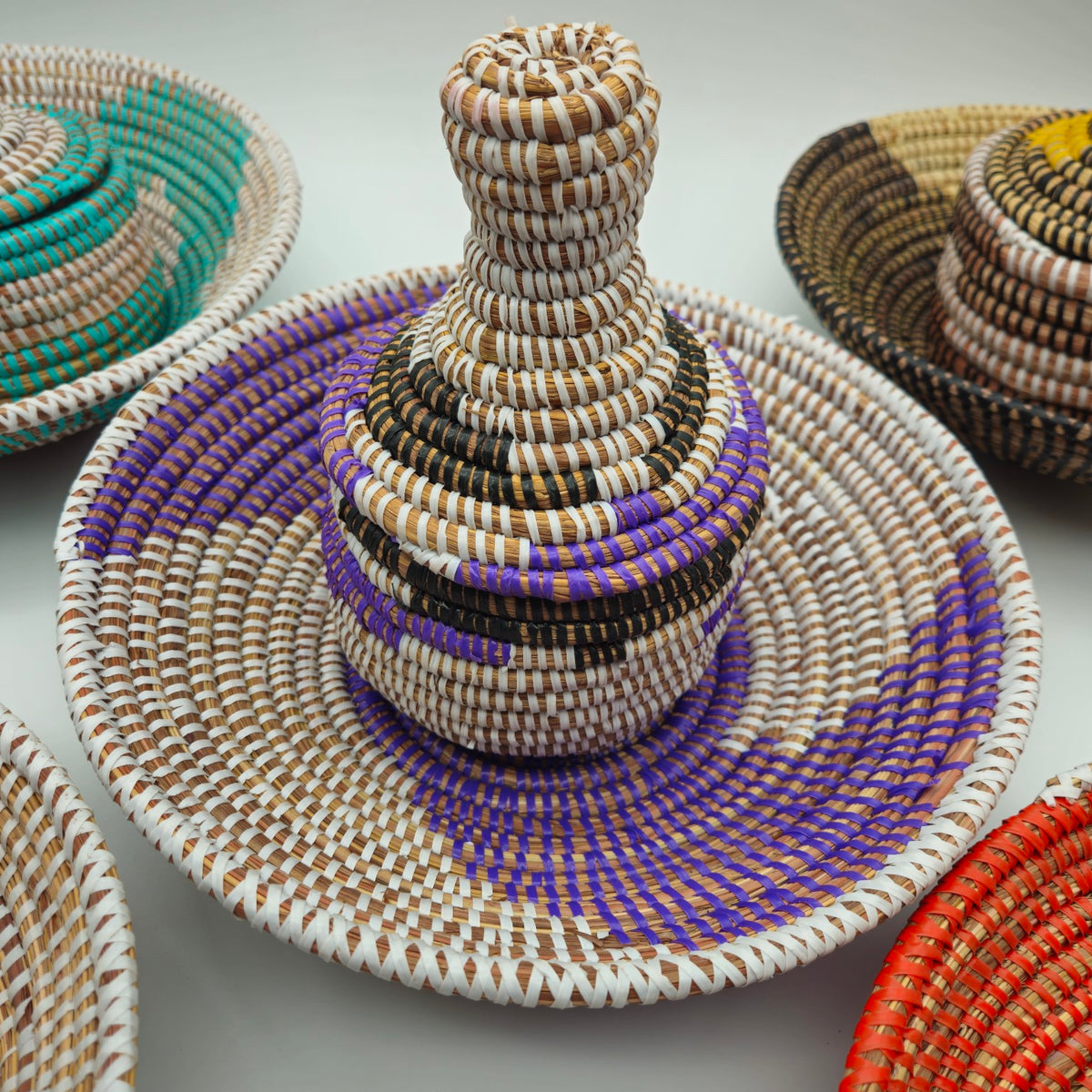 Purple Senegalese handwoven basket set with coordinating lidded basket