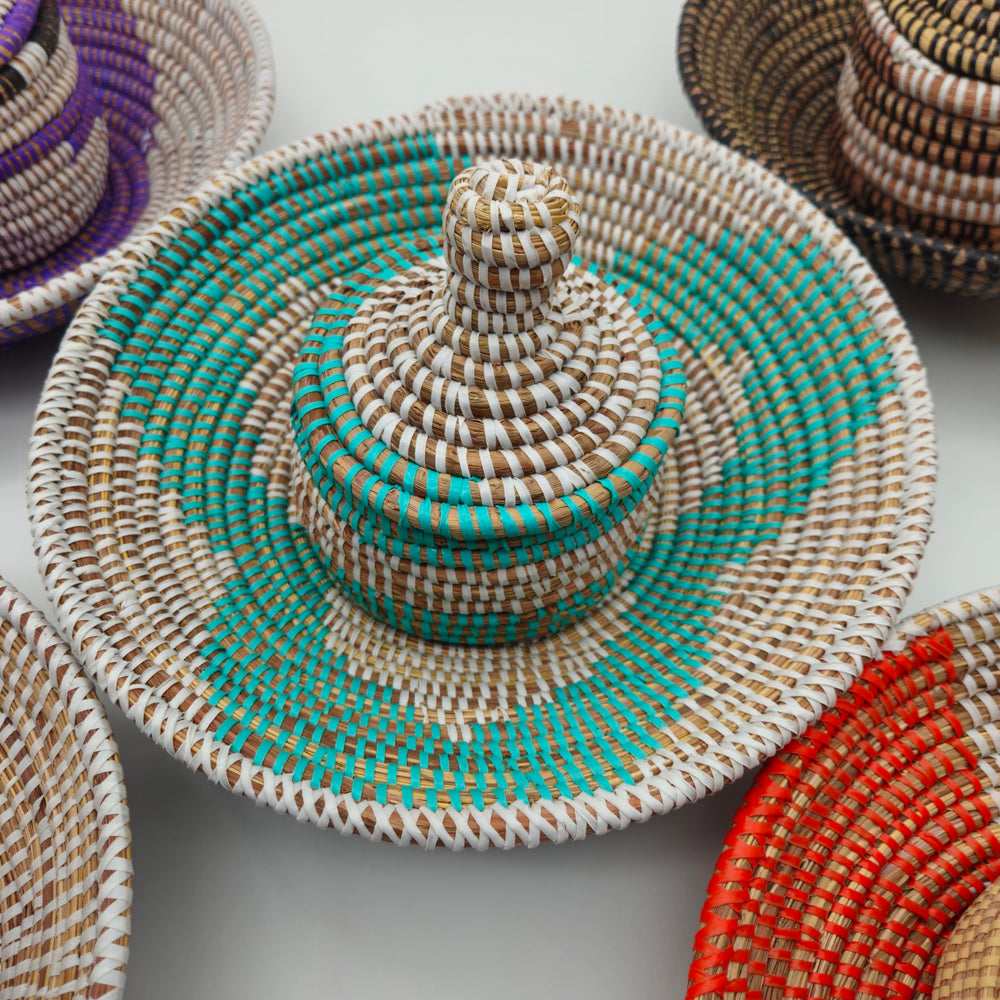 Turquoise Senegalese handwoven basket set with coordinating lidded basket
